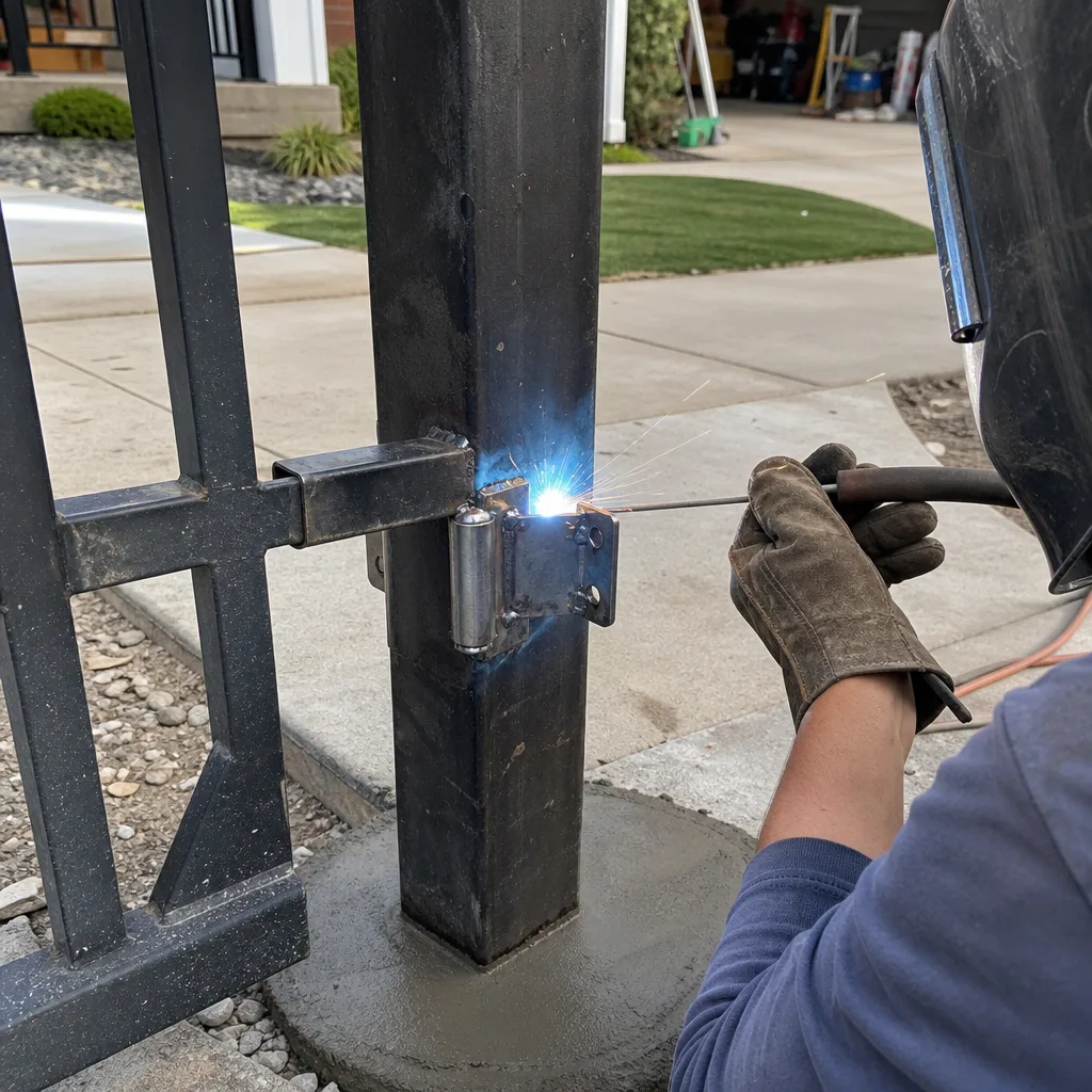 Welder installing a metal gate hinge on a steel post