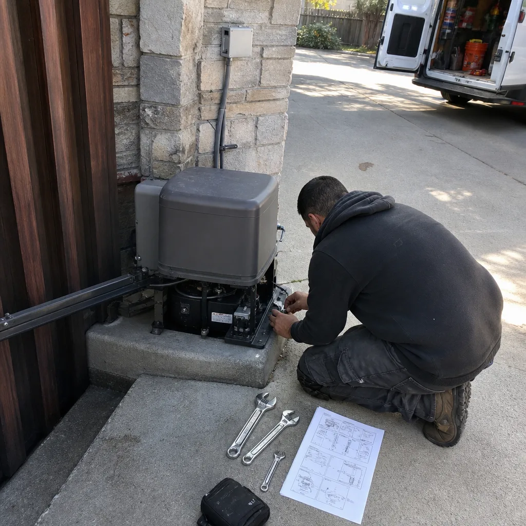 Technician performing professional gate motor and opener repair service