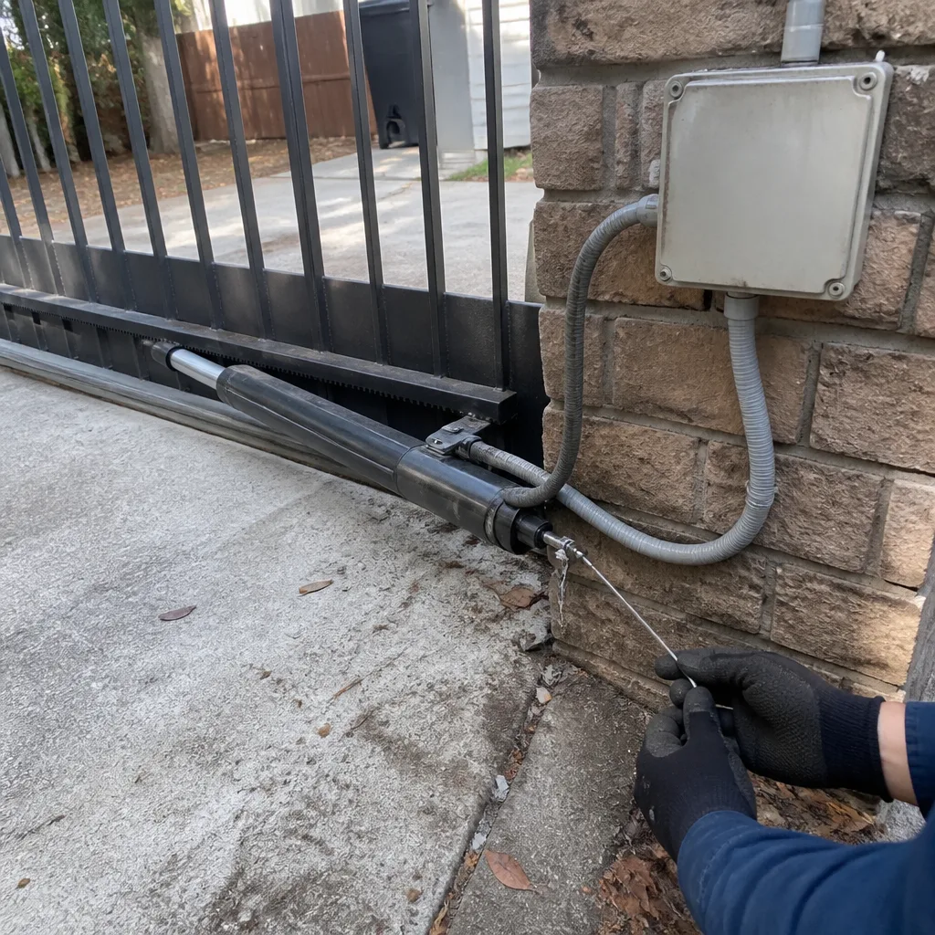 Technician performing professional repair on an electric sliding gate motor